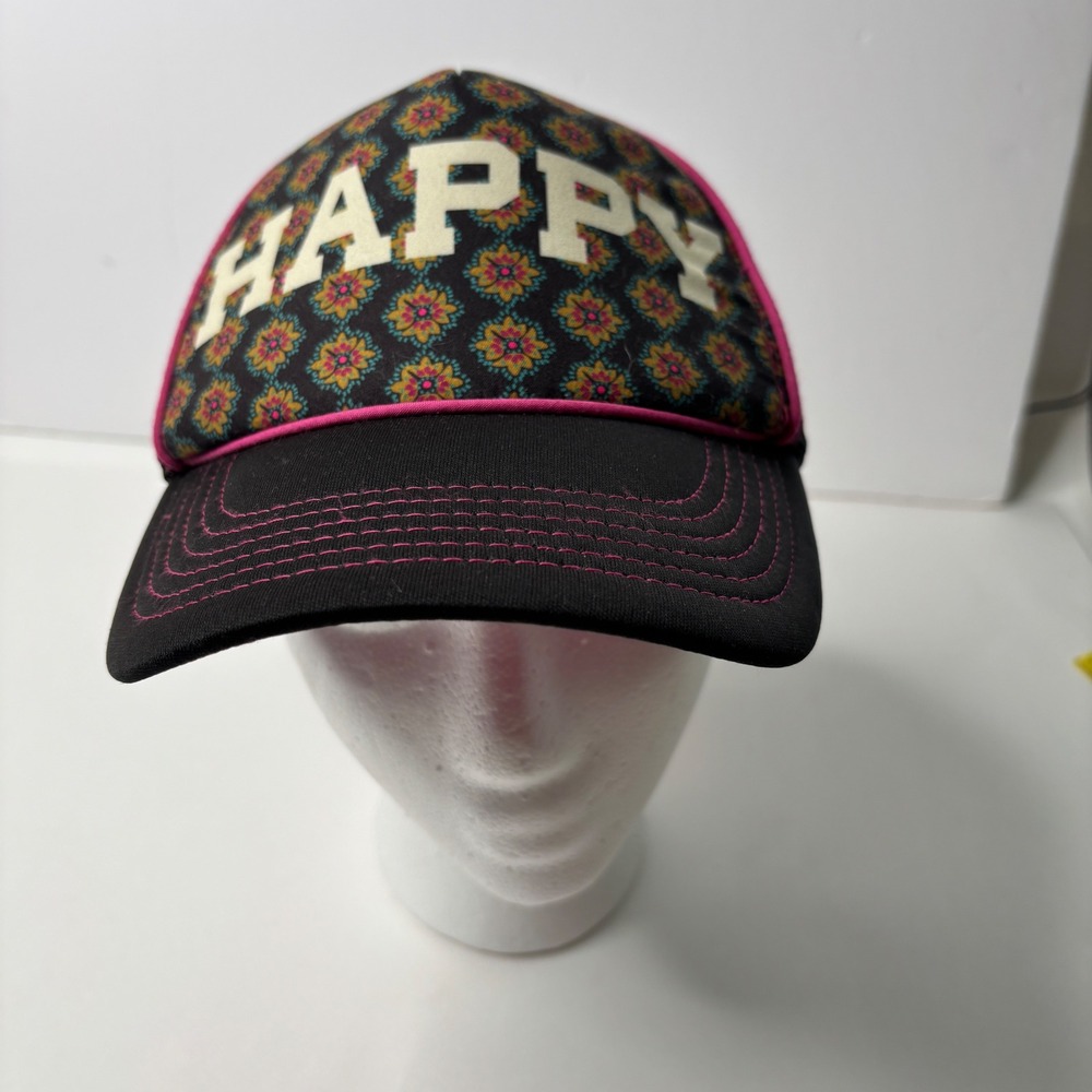 Natural Life Happy Floral Trucker Hat Black Pink Mesh Back Snapback Cap Boho